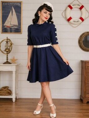 Retrolicious True Blue White Belted Sailor Retro Mini Dress  | Sz. S | EUC